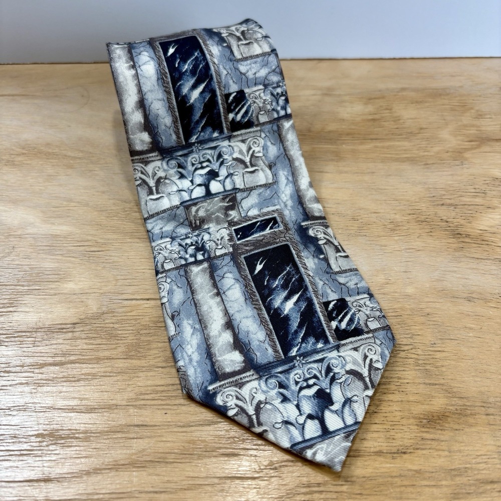 Bill Blass Vintage 100% Silk Dress Tie Gray Greek Columns 60" 3.75"